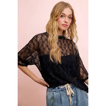 Black Floral Pattern Short Sleeves Boxy Mesh Top Large