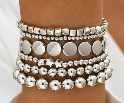 Bracelet-Multi Ball Chain Bead Mix Stretchable Silver