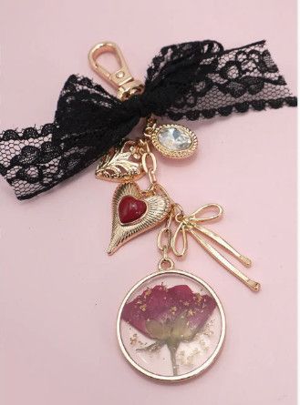 Bag Charm-Dried Flower Bow Heart Rhinestone 