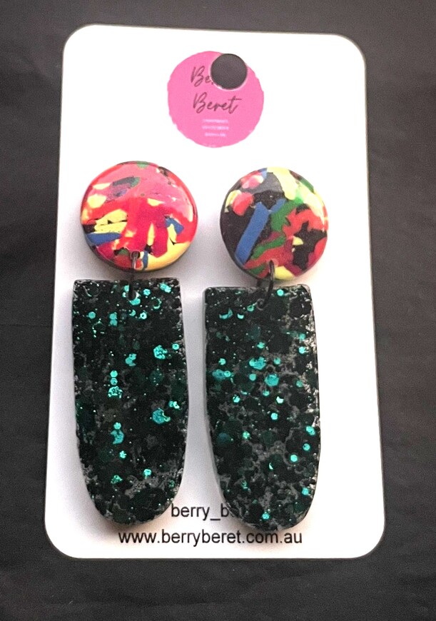 Berry Beret - L Green Sparkles with Rainbow Marble Circle Stud