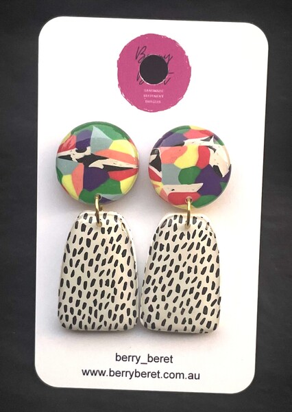 Berry Beret - Black & White Polka Dot with Marble Circle Stud