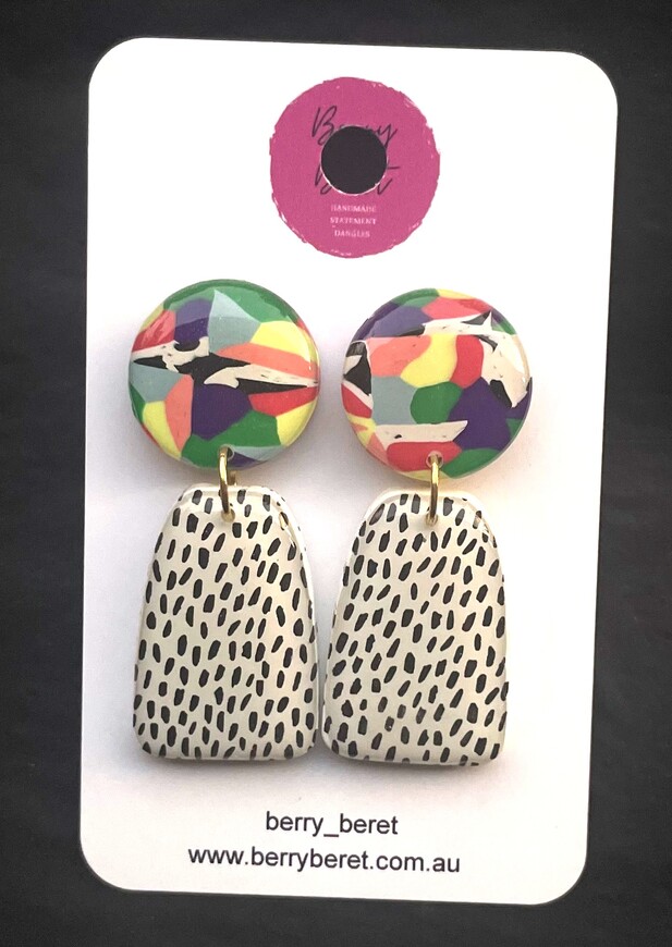 Berry Beret - Black & White Polka Dot with Marble Circle Stud