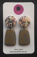 Berry Beret - Grey & Mustard Leaf Print with Marble Circle Stud