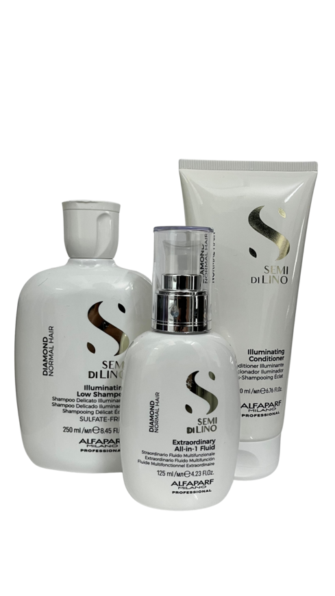 Semi di Lino Diamond Shampoo 8.45oz, Conditioner 6.76oz, & All in 1 Fluid 4.23oz Set