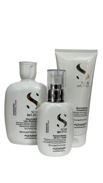 Semi di Lino Diamond Shampoo 8.45oz, Conditioner 6.76oz, & All in 1 Fluid 4.23oz Set