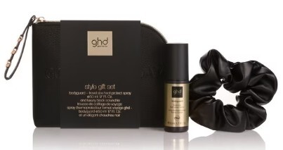 GHD Style Gift Set (Travel Size Bodyguard Heat Protect Spray, Leather Look Scrunchie, Exclusive Black Wash Bag)