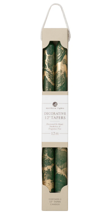 12" Decorative Taper Candles - Hunter Green with Gold