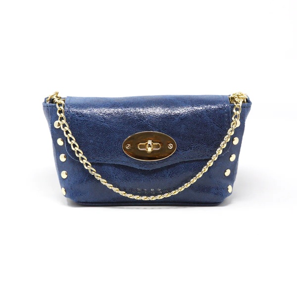 Leather Bag with Gold Strap/ Buckle Denim Blue