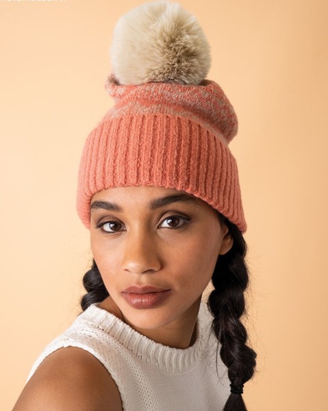 Thora Bobble Hat Coral and Taupe