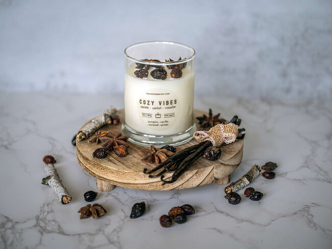  Cozy Vibes, a hand-poured soy candle crafted with 100% organic soy 